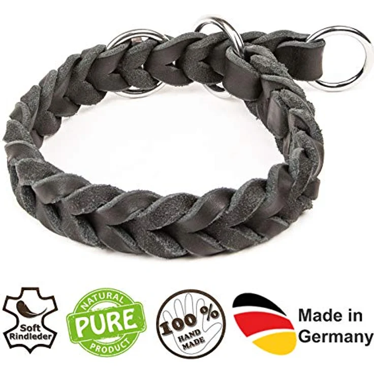 CopcoPet - Fettleder Hundehalsband Würger geflochten mit verchromten Zugstopp - Ring, Schwarz 25-30 cm x 15 mm – Bild 2