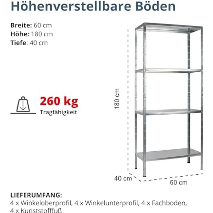 Schulte Regalwelt Lagerregal mit 4 PowerMAX-Fachböden, 180x60x40cm Regalsystem, Steckregal mit einfacher Montage ohne Verschrauben, Traglast je Boden bis zu 65 Kg (bis zu 260 Kg Gesamttraglast) – Bild 3
