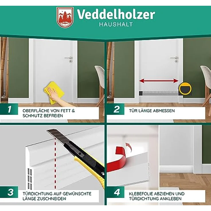Veddelholzer 2 x 1 m zuschneidbar Türdichtung selbstklebend Zugluftstopper für Türen Tür Zugluftstopper Türdichtung unten weiß & braun perfekter Schallschutz Tür sowie Insekten & Geruchsschutz – Bild 3