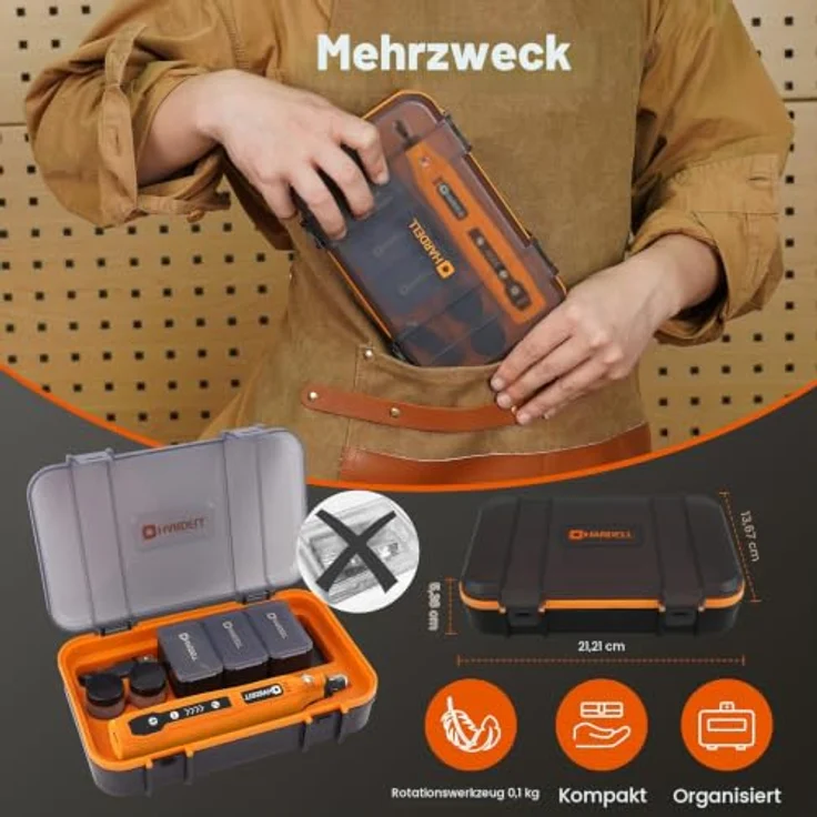 HARDELL Mini Akku Rotationswerkzeug, 5 Geschwindigkeiten (5000-18000 U/min), 3,7V mit 69 Zubehörteilen, LED-Licht, orange – Bild 5
