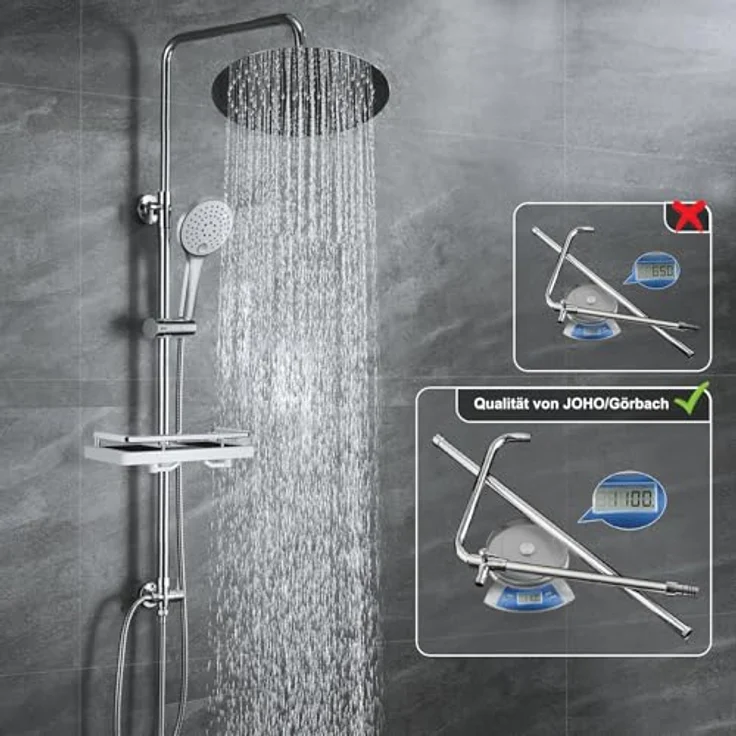 JOHO Edelstahl Duschsystem mit 20 cm Regendusche ohne Armatur, hochverstellbare Duschstange und Handbrause mit 3 Strahlarten, Chrom – Bild 4