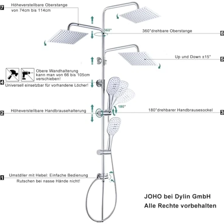 JOHO Duschset ohne Armatur, Edelstahl Chrom Duschsystem, wassersparende Regendusche mit 20x20cm Kopfbrause und 3 Strahlarten – Bild 5