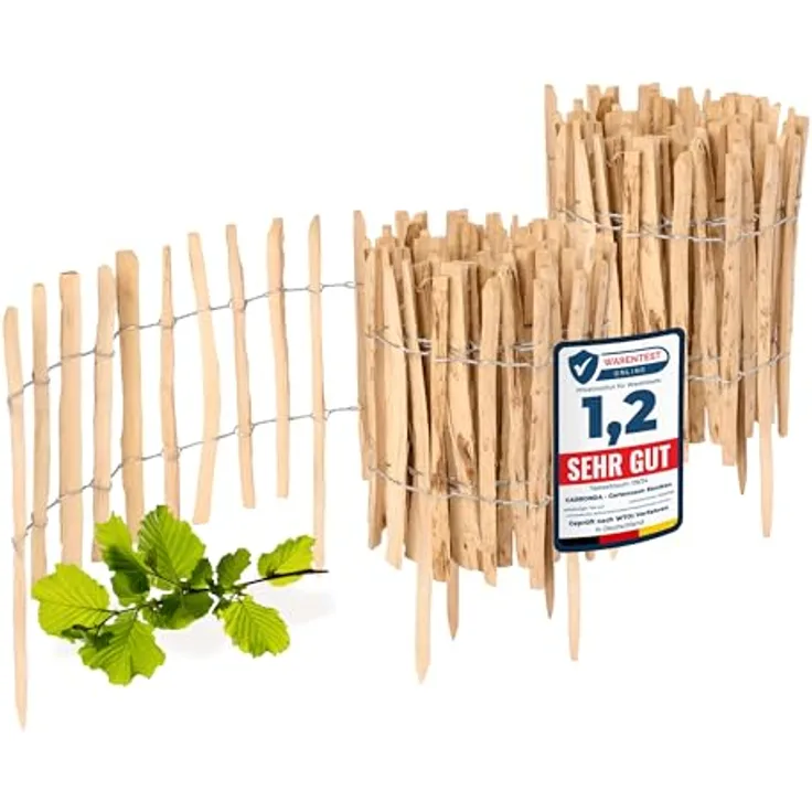 Garronda Gartenzaun zum Stecken aus Haselnussholz, Staketenzaun 35 cm hoch, 2 Stück, 500 cm Beeteinfassung