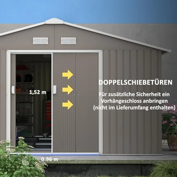 Outsunny Gerätehaus 12,4 m², Gartenhaus mit Pultdach, Schiebetür, Fundament, wetterfest, Hellgrau – Bild 4