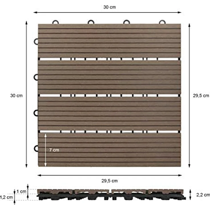 ECD Germany WPC Terrassenfliesen 30x30 cm 22er Spar Set für 2m² Dunkelbraun in Holzoptik für Garten Balkon Bodenbelag mit Drainage, Klicksystem Terrassendielen Balkonfliesen Klickfliesen Holzfliesen – Bild 6