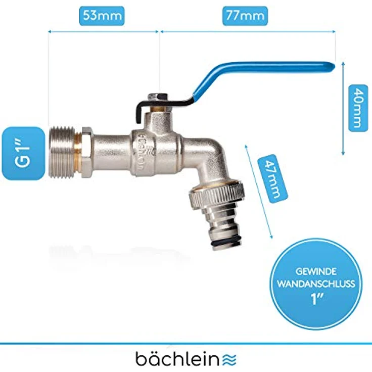Bächlein Universal Auslaufhahn mit Reduzierungs-adapter für 1" Wandanschluss - Auslaufhahn mit 1/2 und 3/4 Zoll Anschluss - Preisvergleich – Bild 4
