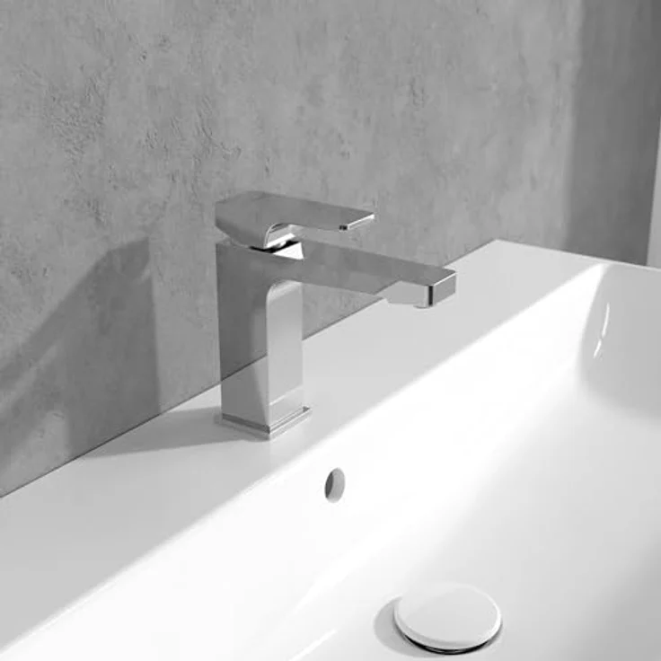 Villeroy & Boch Architectura Square Waschtischarmatur ohne Ablaufgarnitur, Wasserhahn Bad mit Keramikkartusche, Waschbeckenarmatur wassersparend, Auslauf Höhe 113mm, eckig, Chrom – Bild 2