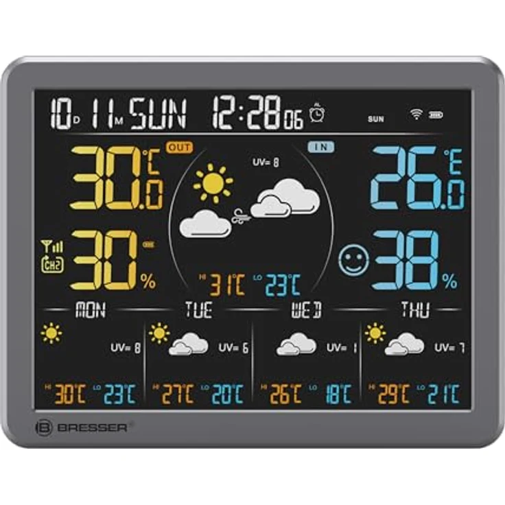 Bresser WLAN-Wetterstation Tuya Smart Home, 5-Tage-Vorhersage, Thermo-Hygrosensor, Verlauf, Wecker, Warnfunktion – Bild 3