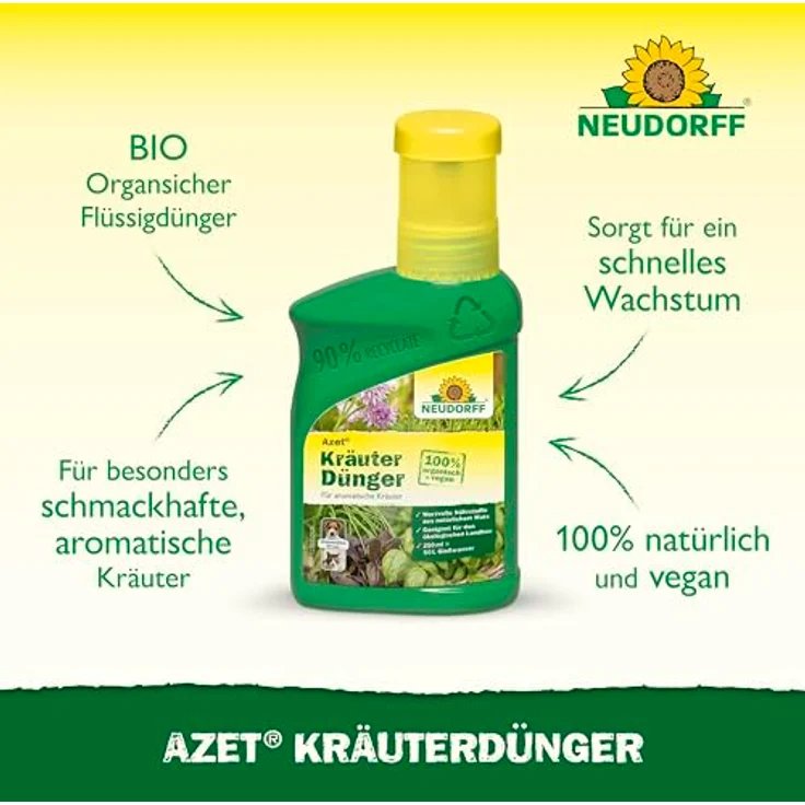 Neudorff Azet Kräuterdünger Bio, 250ml für 50L Gießwasser, 100 % organisch und vegan, mit Dosierbecher für schnelles Wachstum aromatischer Kräuter – Bild 2