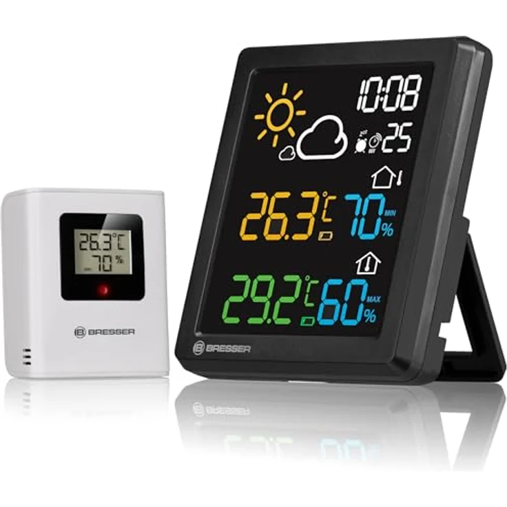 Bresser MeteoCast Pico Farbwetterstation, Thermo-Hygro-Außensensor mit Max./Min.-Wertspeicher, DCF-gesteuerter Uhrzeit und Weckfunktion, Farbdisplay, schwarz – Bild 1