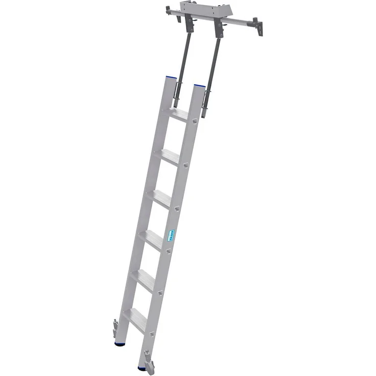 Kaiserkraft Stufen-Regalleiter, 170 cm mit 6 Stufen und Kopffahrwerk für Rundrohr-Schienenanlage, hohe Stabilität, platzsparend einhängbar, selbstarretierende Bremsrollen