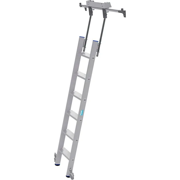 Kaiserkraft Stufen-Regalleiter, 170 cm mit 6 Stufen und Kopffahrwerk für Rundrohr-Schienenanlage, hohe Stabilität, platzsparend einhängbar, selbstarretierende Bremsrollen
