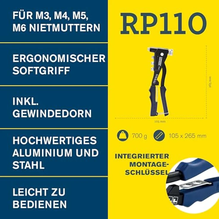 Rapid RP110 Blindnietmutterzange, für M3, M4, M5, M6 Blindnietmuttern, Aluminium-Druckguss, Softgrip-Griff, integrierter Montageschlüssel – Bild 2