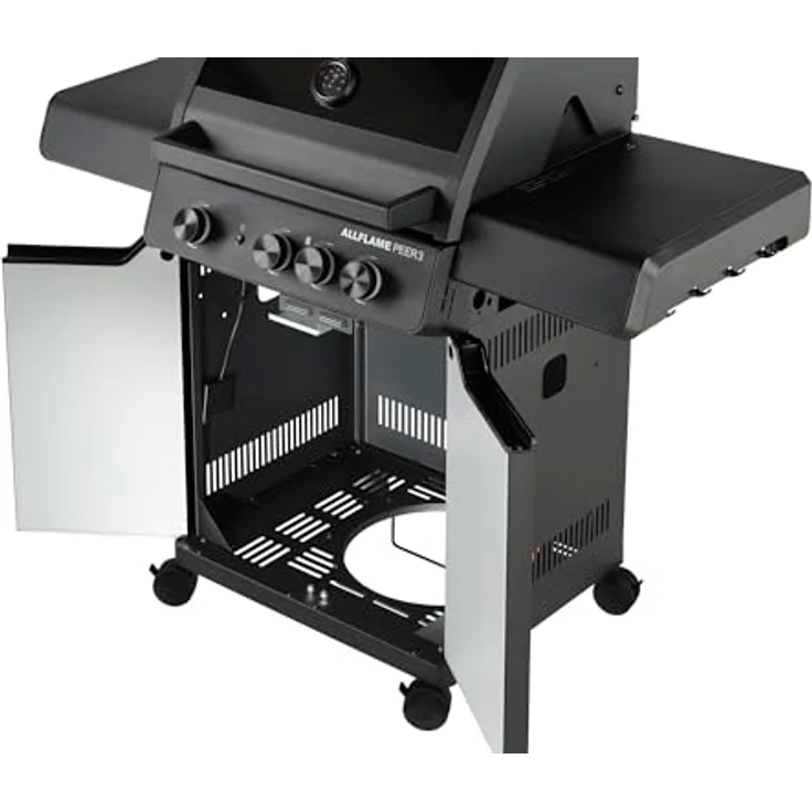 RÖSLE Gasgrill Allflame Peer 3 - 3 Brenner, CRISPZONE bis 450 °C, Gusseisenroste, Alu-Druckguss, Glaseinsatz, klappbare Seitentische, schwarz – Bild 4