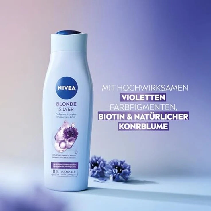 NIVEA Blonde Silver Farbglanz Shampoo, 250 ml, Silbershampoo mit Kornblumenextrakt und Biotin zur Auffrischung von blondem, silbernem & grauem Haar – Bild 2