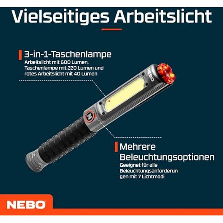 NEBO Big Larry 3, 600 Lumen LED-Taschenlampe mit COB-Arbeitslicht, dimmbar, batteriebetrieben, Magnetfuß, wasserdicht und stoßfest – Bild 3