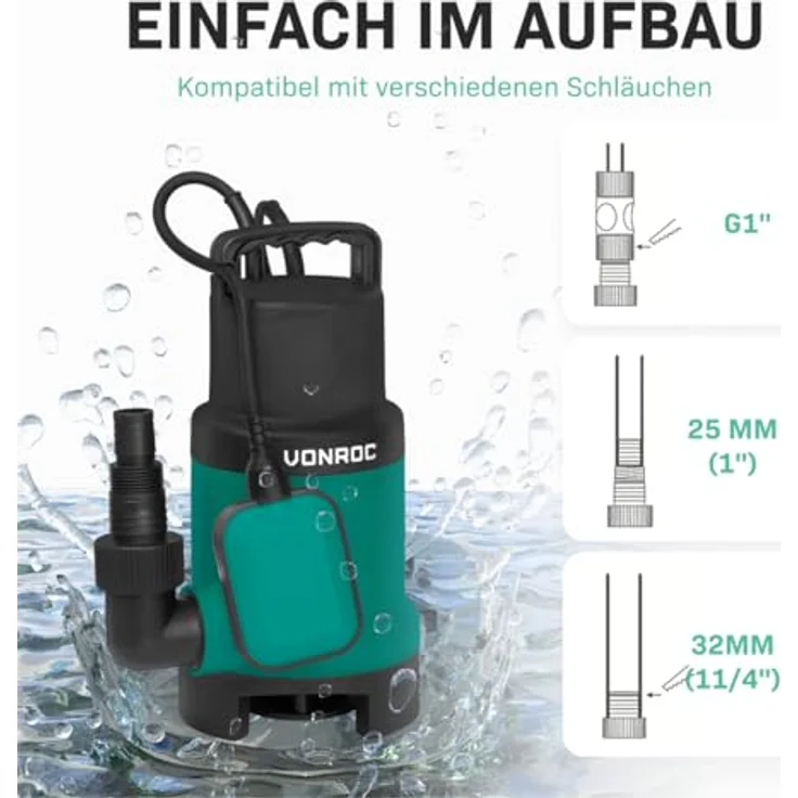 VONROC Tauchpumpe Schmutzwasserpumpe - Wasserentfernung bis auf 1 mm Resthöhe - Flachsaugend - 1600l/h, 900W - Integrierter Schwimmer – Bild 5