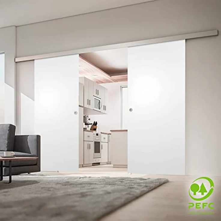 inova Holz-Schiebetür 2 Flügel Weiss 1760 x 2035 mm, Alu Komplettset mit Lauf-Schiene und Quadratgriff, wartungsfreie Kugellager – Bild 2