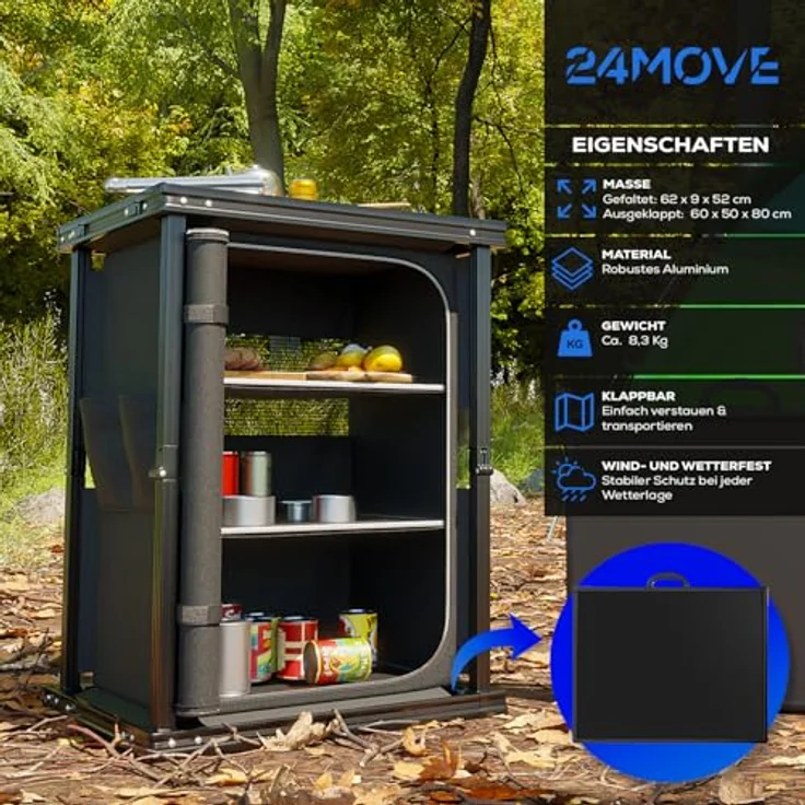 24MOVE Campingküche Bergamo, faltbare Aluminium Reiseküche mit 60 x 50 x 80 cm Arbeitsplatte, großzügigen Staufächern und platzsparendem Faltmaß 62 x 9 x 52 cm – Bild 2