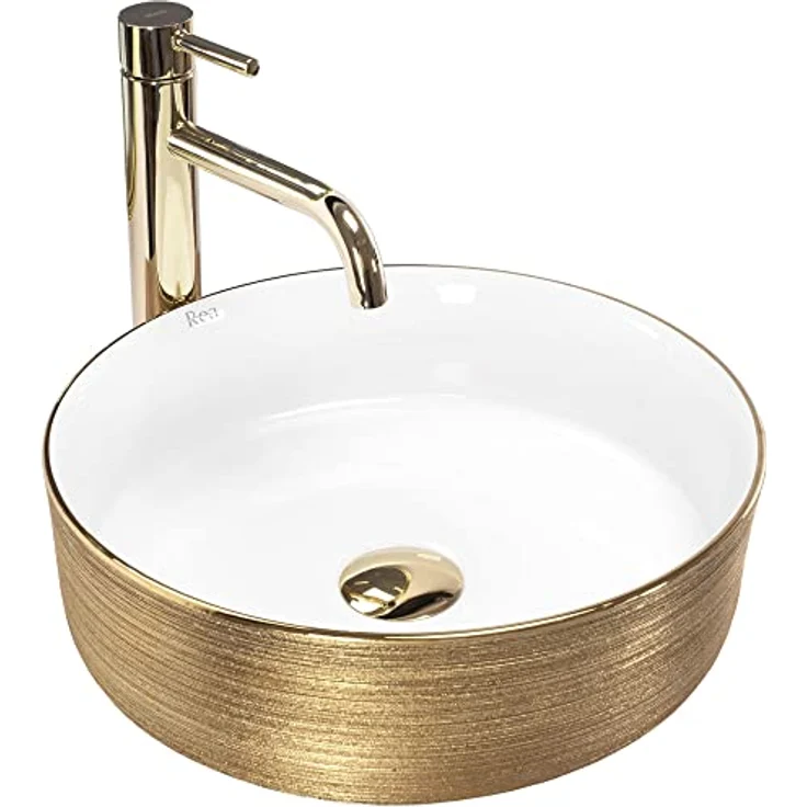 Rea Aufsatzwaschbecken Sami White Brush Gold Waschtisch Handwaschbecken Spülbecken Waschschale Waschbecken für Badezimmer aus hochwertiger Keramik 360 mm x 360 mm x 115 mm (Gold/weiß) – Bild 1