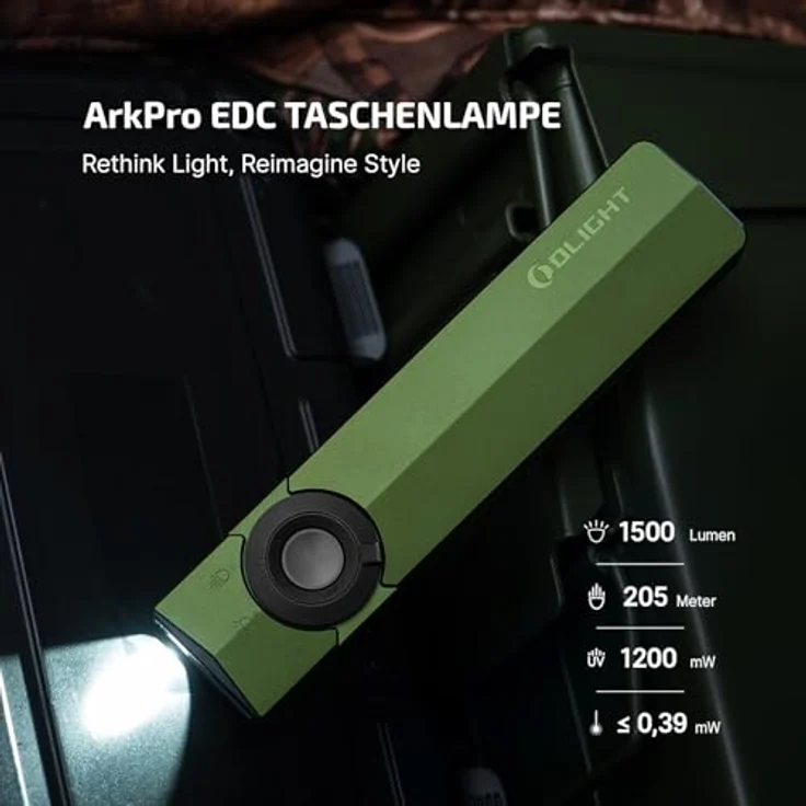 OLIGHT ArkPro Taschenlampe, 1500 Lumen, 205m Leuchtweite, aufladbar mit Grünlicht, UV-Funktion, IPX7 wasserdicht, grün – Bild 2