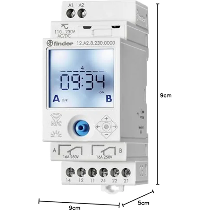 Finder Zeitschaltuhr 12.A2.8.230.0000, Astronomisch gesteuert für Hutschiene, 230 V/AC, impuls- und zeitgesteuertes Schalten, Programmierung via NFC – Bild 2