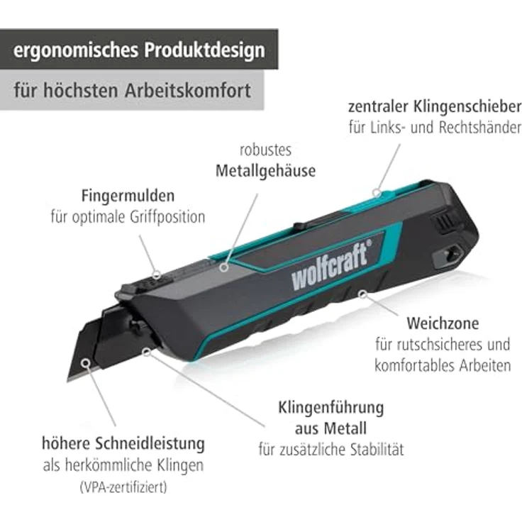 wolfcraft Cuttermesser PRO SAFETY 18 mm, Profi Abbrechklingenmesser mit Autolock, ergonomisch für Rechts- und Linkshänder, Metallgehäuse, extra scharfe Klinge – Bild 2