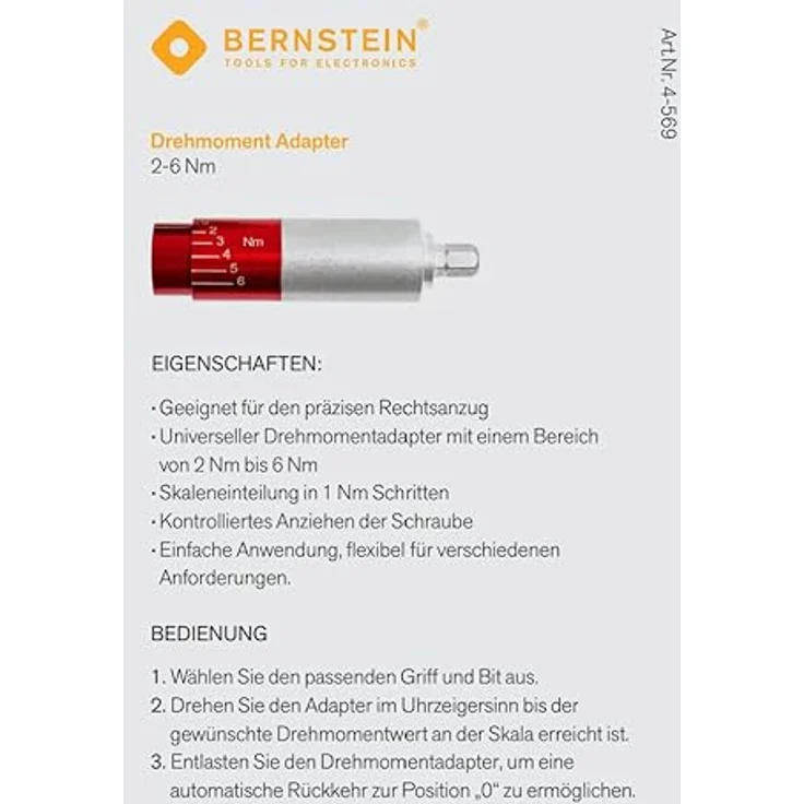 Bernstein Tools for Electronics 4-569 Drehmomentadapter 1/4" (6.3 mm), präzise Einstellbereich 2.0 - 6.0 Nm, Handbetrieb – Bild 2