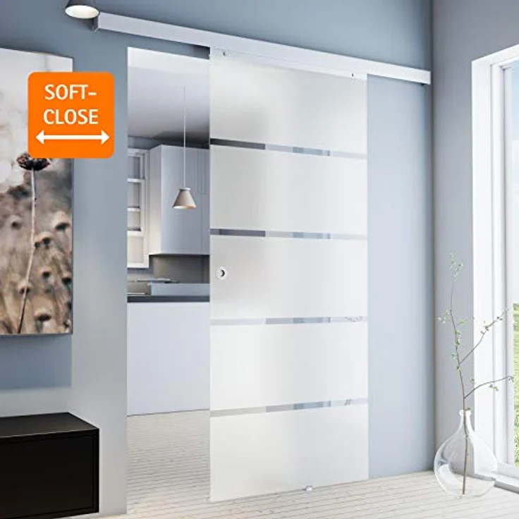 inova Glas-Schiebetür 900 x 2035 mm, Blockstreifen Design, Aluminium Komplett-Set mit Softclose und Griffmuschel, rahmenlos aus 8 mm Sicherheitsglas – Bild 2