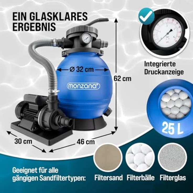 Sandfilteranlage 9.960 L-h mit Vorfilter Sandfilter Filteranlage Poolfilter 30 Liter Tank inkl. 25kg Filterglas – Bild 7