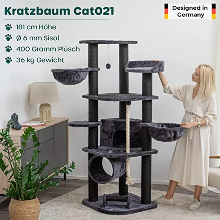 HAPPYPET Kratzbaum für Katzen groß 181 cm hoch - Stabiler Kletterbaum Katzenbaum, Dicke Stämme mit 11 cm, Haus & Spieltunnel, große Liegemulden, Spietau mit Kratzrolle, Anthrazit – Bild 2