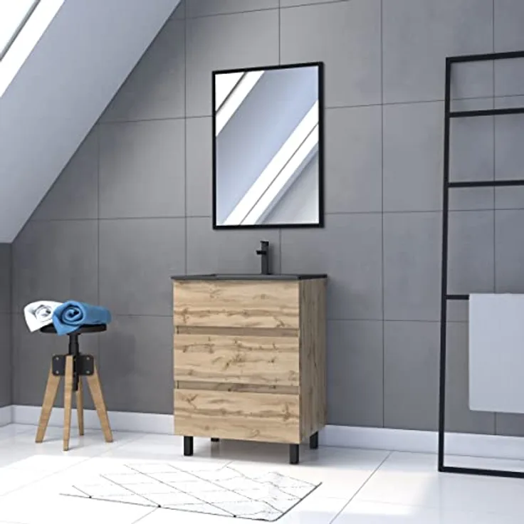 Badezimmer-Set mit Schublade/Waschbecken, Keramik/Spiegel, Schwarz, 60 cm × 80 cm, Eiche Natur