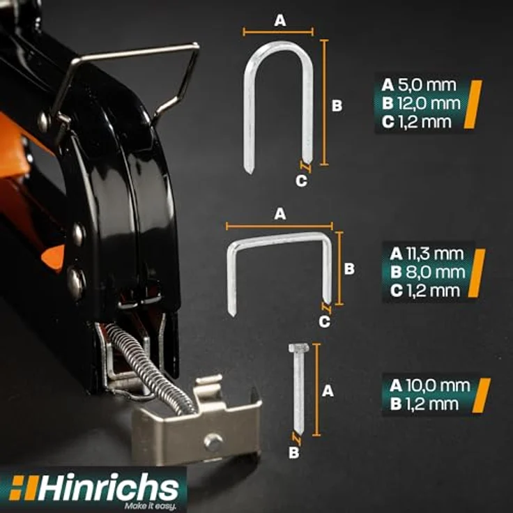 Hinrichs Handtacker im Koffer, 3-in-1 Holztacker mit Klammern und Nägeln, Schwarz/Chrom – Bild 6
