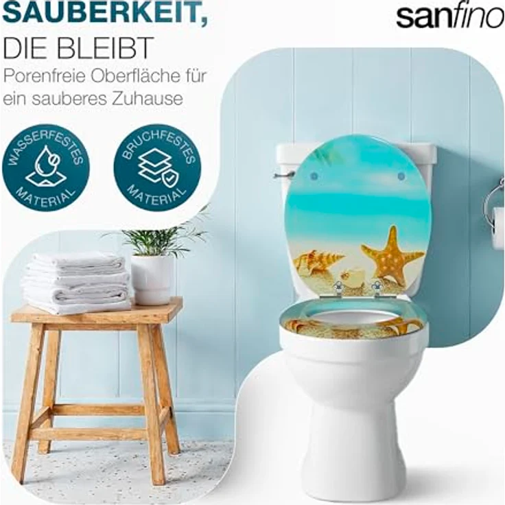Sanfino WC Sitz Seastar Beach, Toilettendeckel aus Holz mit Absenkautomatik, hellblau, 43,5 x 37,5 cm – Bild 3