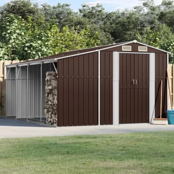 vidaXL Gerätehaus, Gartenhaus mit Schrägdach Griffe, Gartenschuppen Schuppen mit Stauraum, Geräteschuppen Metallschuppen, Braun 277x365,5x179 cm Verzinkter Stahl – Bild 2