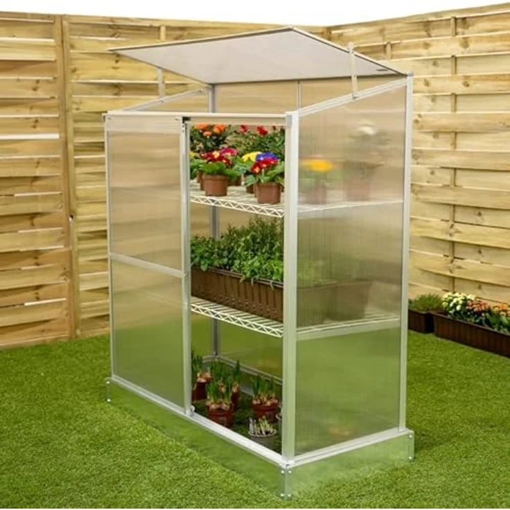 Grindi - Polycarbonat Frühbeet Treibhaus Gewächshaus mit aufklappbarem Dach, Schiebetür und 2 Regalen - Hosta, 130x58x140 - Wandgewächshaus für Garten, Balkon und Terrasse - Aluminiumrahmen, 4mm Polycarbonatverglasung - in Silber – Bild 4