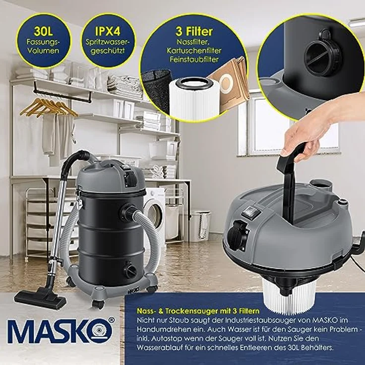 MASKO® 6IN1 Industriestaubsauger 2300W + Steckdose | Trocken- & Nasssaugen, Blasfunktion, beutellos, Grau – Bild 5
