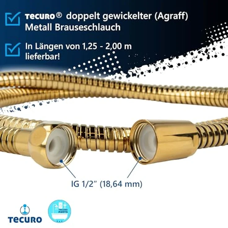 tecuro Metall Brauseschlauch Duschschlauch, 2,00 m, 1/2 Zoll, doppelt gewickelt, flexibel & knickfest, hochglanz vergoldet – Bild 4
