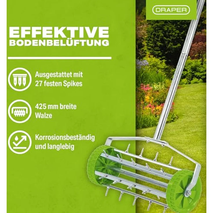 Draper Tools Rollender Rasen-Hand-Vertikutierer 450 mm Grün – Bild 3