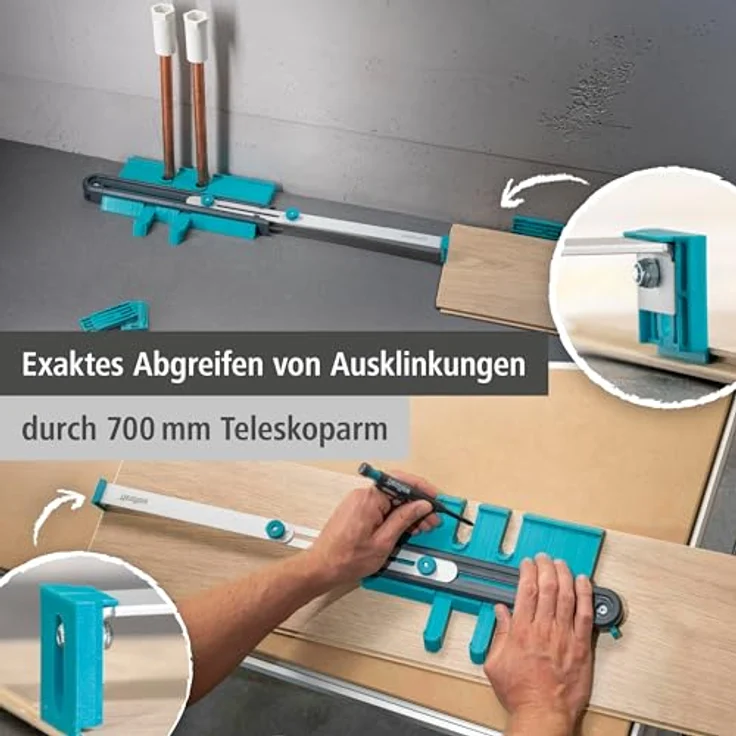 wolfcraft Konturenlehre PRO, breite Nadelschablone zum Abtasten und Übertragen von Schnittverläufen, 250 mm Breite, Teleskopschiene bis 700 mm, 168 Taststifte – Bild 3