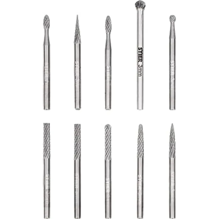 STIER HM Frässtifte-Set 10-tlg., 3 mm Schaft, robuster Frässtift für Holz, Stein und Metallbearbeitung
