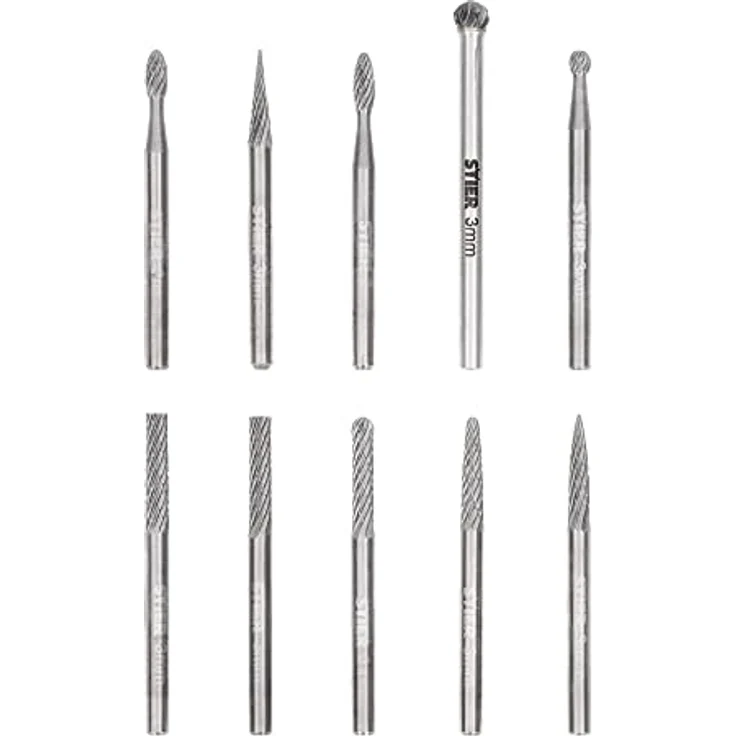 STIER HM Frässtifte-Set 10-tlg., 3 mm Schaft, robuster Frässtift für Holz, Stein und Metallbearbeitung – Bild 1