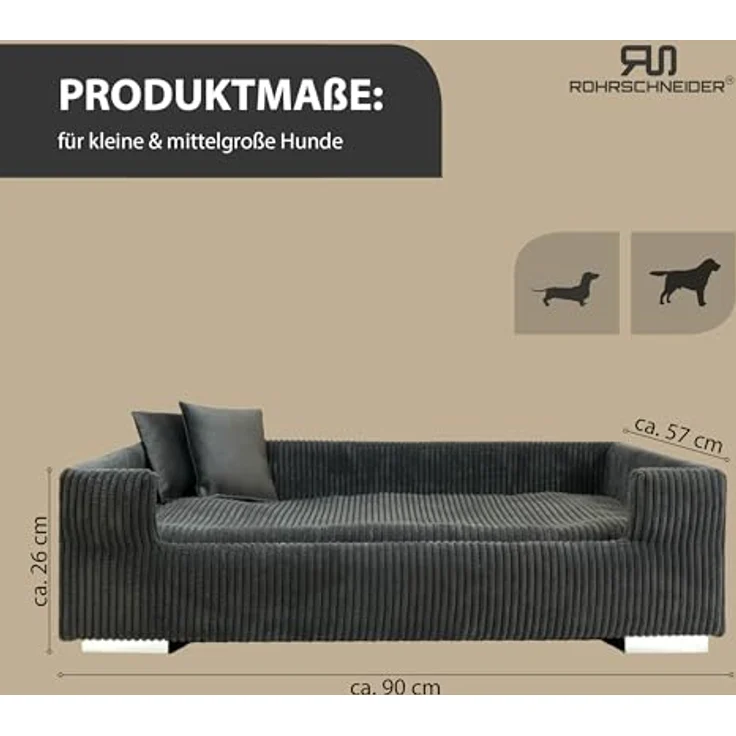 Rohrschneider Hundesofa | Hundebett Cord für mittelgroße und Grosse Hunde, hoher Rand, waschbarer Bezug, Cord aus 100% Polyester | grau | B 90 x T 57 x H 26 cm | inkl. 2X Dekokissen – Bild 3