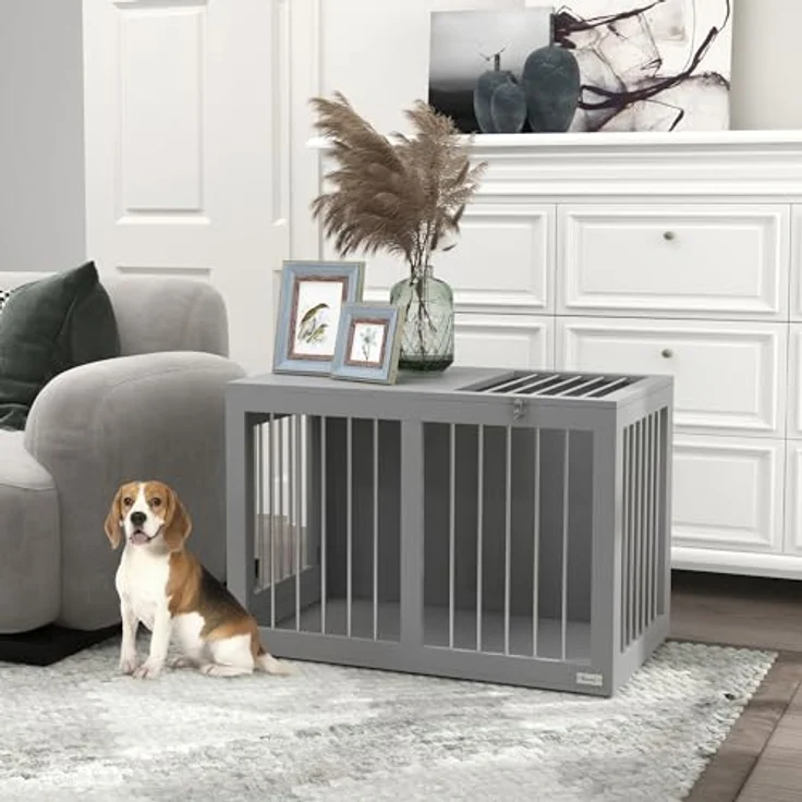 PawHut Hundekäfig für Zuhause, Hundehütte, Haustierkäfig für mittelgroße Hunde, Hundebox mit Türen, Hundehaus, Transportkäfig, Grau, 80 x 50 x 56,5 cm – Bild 2