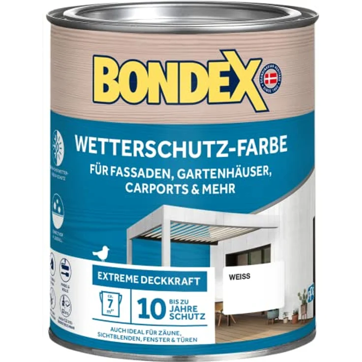 Bondex Wetterschutzfarbe 0,75 L, weiße Holzschutzlasur mit bis zu 10 Jahren Haltbarkeit, wetter- und UV-beständig – Bild 1