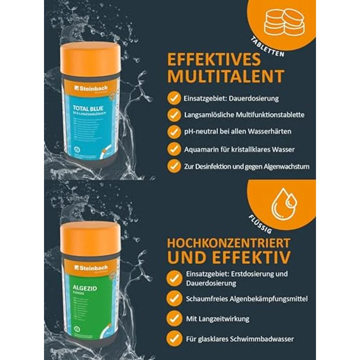 Steinbach Poolpflege Starter-Set, Algezid flüssig + Total Blue Chlor Tabletten, langsamlöslich 20g, für sauberes und kristallklares Poolwasser – Bild 3