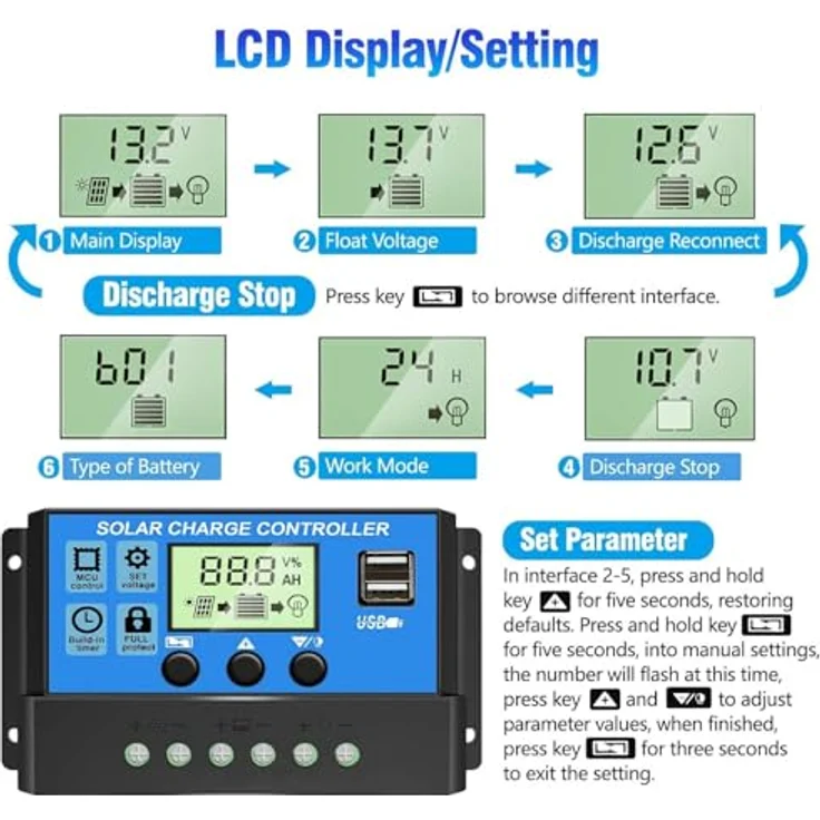 Depvko 30A Solarladeregler, 12V/24V PWM Solar Ladegerät Controller mit LCD-Display, Dual-USB-Port und automatischer Parametererkennung – Bild 3