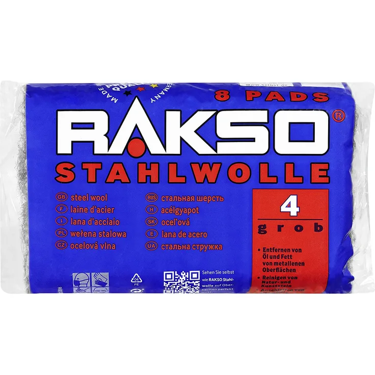 RAKSO Stahlwolle grob 4 entfernt Öl Fett auf Metall reinigt Stein 8 Pads 200g