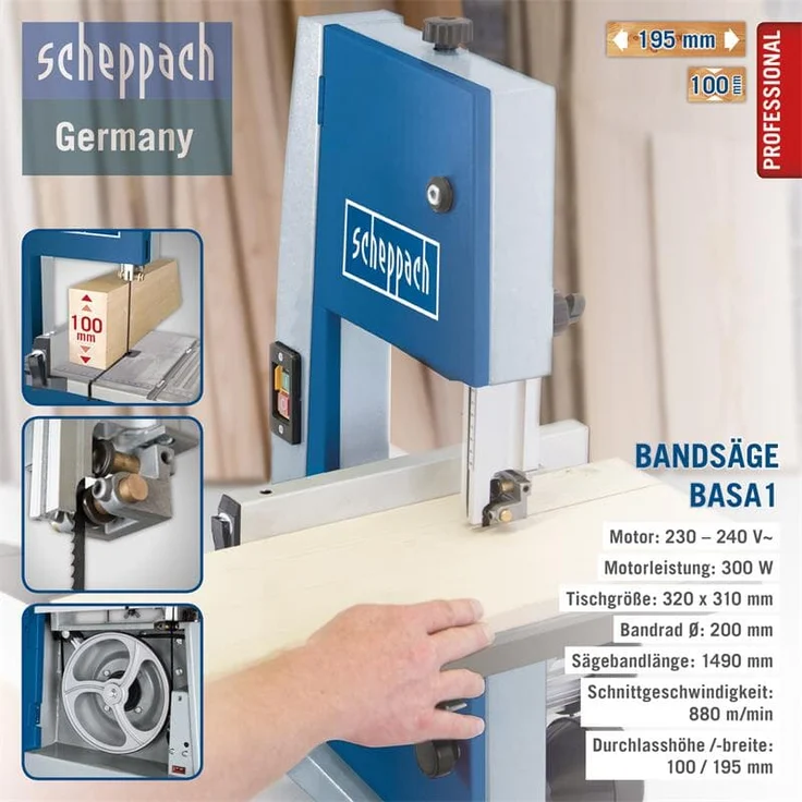 Scheppach Bandsäge BASA1 (300 Watt, max. Schnitthöhe: 100mm, Durchlassbreite: 195mm, bis zu 45° schwenkbarer Arbeitstisch, Bandrad-Ø: 200mm, Schnittgeschwindigkeit: 880m/min) – Bild 7