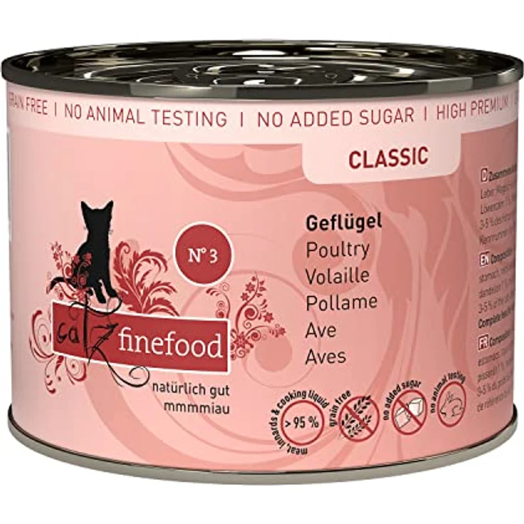 catz finefood N° 3 Geflügel Feinkost Katzenfutter nass, verfeinert mit Preiselbeeren & Löwenzahn, 6 x 200g Dosen – Bild 1